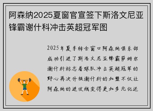 阿森纳2025夏窗官宣签下斯洛文尼亚锋霸谢什科冲击英超冠军图