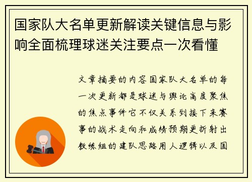 国家队大名单更新解读关键信息与影响全面梳理球迷关注要点一次看懂