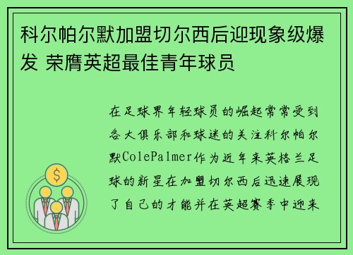 科尔帕尔默加盟切尔西后迎现象级爆发 荣膺英超最佳青年球员